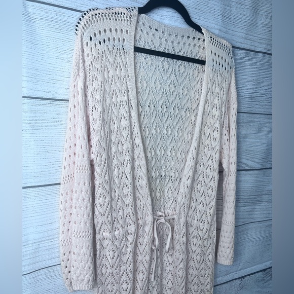 Boutique Brand Open Knit Tie Front Drop Shoulder Cardigan Duster Apricot 💗 - Picture 4 of 12